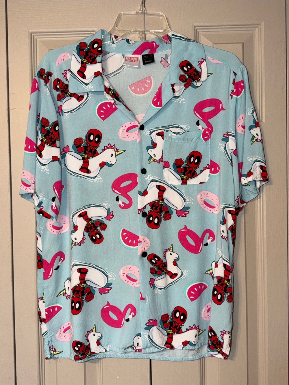 Marvel Deadpool Pool Party Unicorns Flamingos  Hawaiian Short Sleeve Adult Small